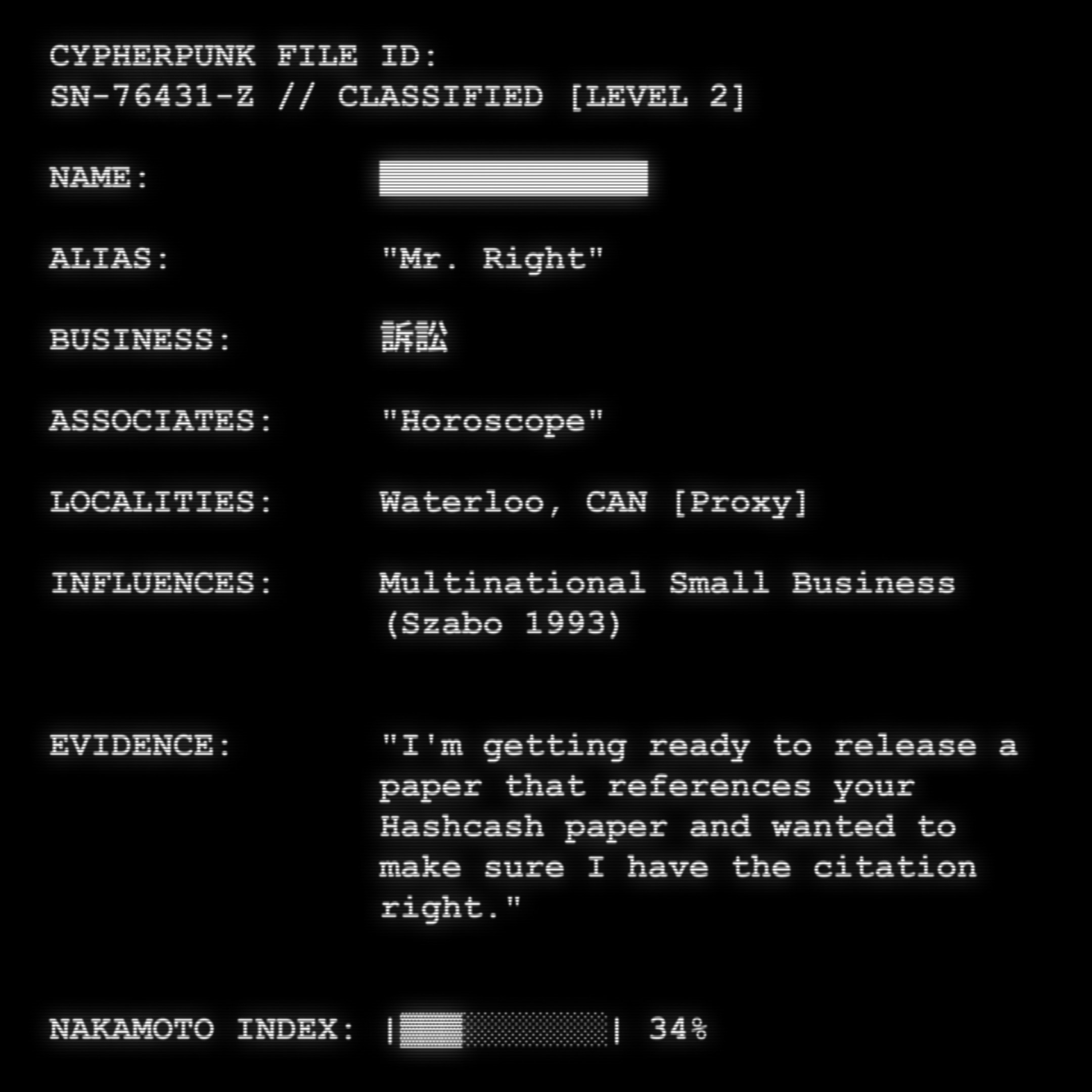 CYPHERPUNK FILES token #139 for Mr. Right